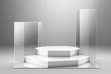 three blank white pedestals on a neutral gray background. Generative AI