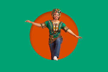 Carefree pretty black woman in african costume in green frame