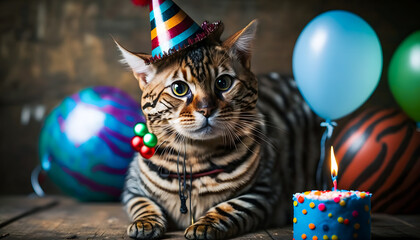 Obraz na płótnie Canvas Happy cat celebrating birthday with party hat, banner balloons background. Generation AI