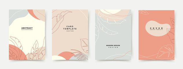 Abstract trendy backgrounds with minimal flower elements in line art style. Editable vector template in pastel colors for wedding invitation, social media, banner, advertisement, card, cover, poster