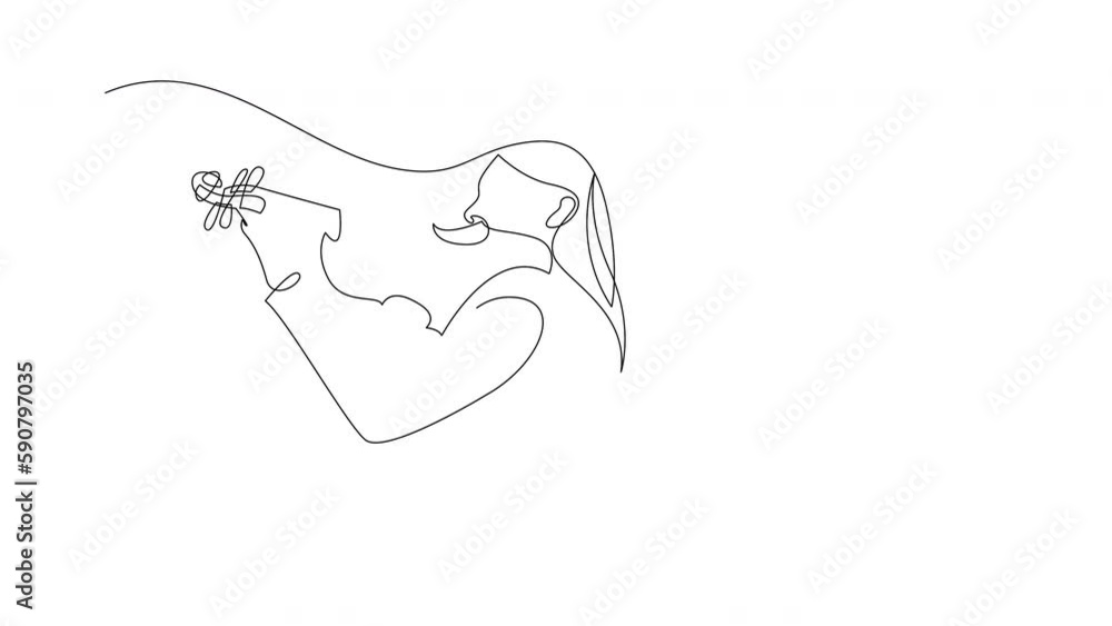 Poster animated self drawing of continuous line draw violinist. violin player classical music instrument th