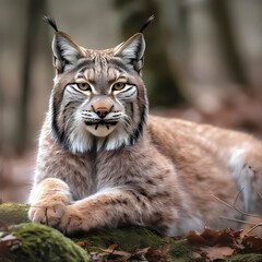 Obraz premium Lynx (Lynx Lynx) in a wintry setting in the forest, with snowfall, ai generated