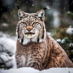 Fototapeta premium Lynx (Lynx Lynx) in a wintry setting in the forest, with snowfall, ai generated