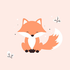 Simple vector grey baby fox. Nursery animal. Scandinavian style. Forest friends. Isolated on a white background