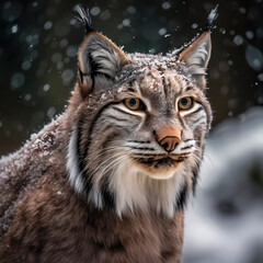 Obraz premium Lynx (Lynx Lynx) in a wintry setting in the forest, with snowfall, ai generated