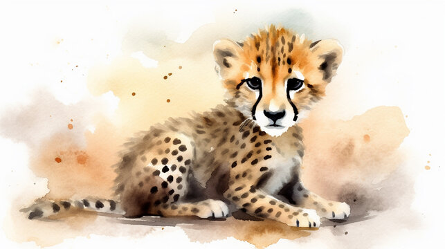 Watercolour of a baby cheetah created with Generative AI technology