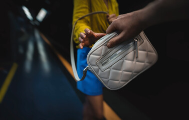 Thief steals a bag from a woman in the subway.