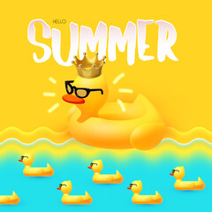 Hello Summer! Cool summer vacation. 3D tropic holiday design. Exotic journey. Duck pool ring with crown.