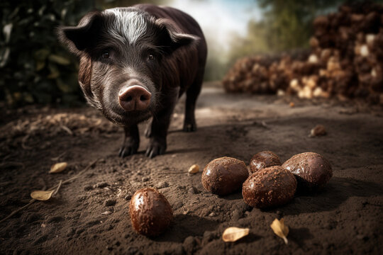 pig sniffing truffles he has found in nature, Generative AI