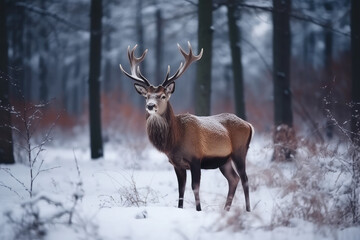 deer in winter snow forest