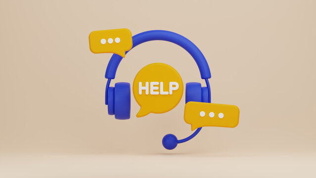 3D Hotline support service with headphones. Call center concept. Online user consultation. Chatbot for help and consumer question. 3D Illustration