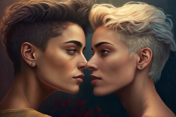 androgyne blond and brunette. Generative AI