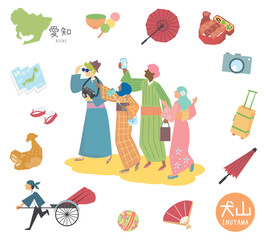 日本の愛知の犬山の名物観光のアイコンと着物を着た外国からの観光客のセット（フラット）