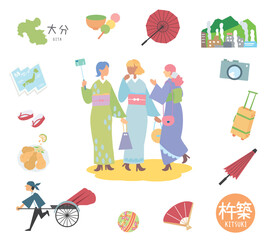 日本の大分の杵築の名物観光のアイコンと着物の女友達のセット（フラット）