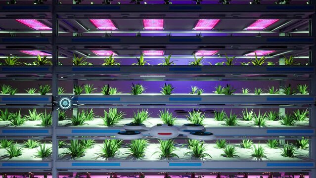 3d render animation of vertical farm of plants with drones fly over and check control quality growing