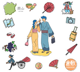 日本の岡山の倉敷の名物観光のアイコンと着物のカップルのセット（線画）