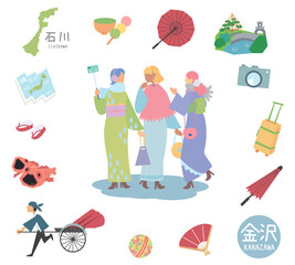 冬の日本の石川の金沢の名物観光のアイコンと着物の女友達のセット（フラット）