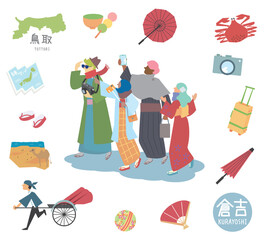 冬の日本の鳥取の倉吉の名物観光のアイコンと着物を着た外国からの観光客のセット（フラット）