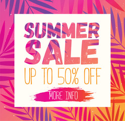 Promotion summer sale banner template. Vector summer background poster with red palm leaf design for print or web.