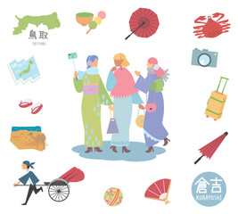 冬の日本の鳥取の倉吉の名物観光のアイコンと着物の女友達のセット（フラット）