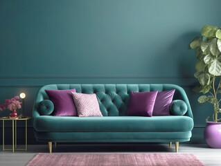 Living room interior with green sofa and decoration room on empty dark green wall background. Banner Copyspace.