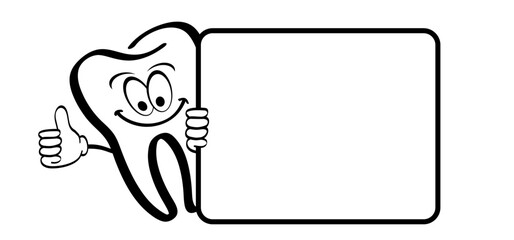 Text board. Cartoon tooth with gums and empty sigboard, Molar logo. Vector damage teeth brush or tooth brush with caries. Cracked tooth, mouth and dental, damaged. For brush day.