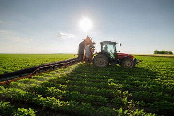 Fototapeta premium Spraying pesticides at soy bean fields