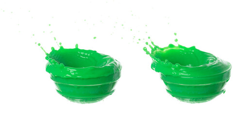 Green Matcha Milk Tea pour fall down, explosion in air. Green Matcha Milk Tea spill splash in shape...
