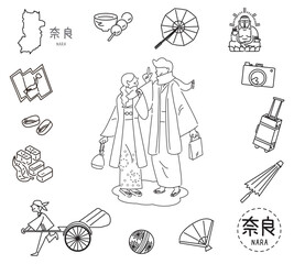 Obraz premium 日本の奈良の名物観光のアイコンと着物のカップルのセット（線画白黒）