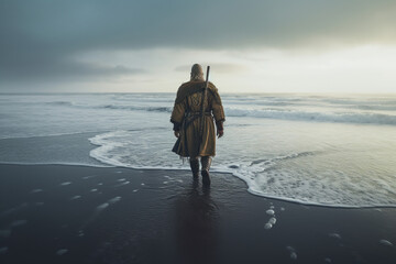 Viking walking to the ocean at dawn in winter, Generative AI