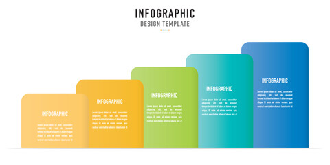 Rectangular origami infographic template or element with 5 step, process, option, colorful 3D rectangle, icons, note, paper cut, tag, button, square, bar, round edge for sale slide, note, internet