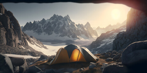 Orange tent in snow mountains Alps on sunset light, hiker travel camp. Generation AI