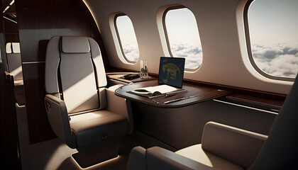 Fototapeta premium luxury interior in private modern business jet and sunlight in porthole. Generation AI
