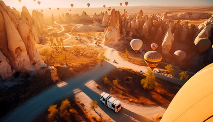 Tourists vacation Caravan RV in Cappadocia background hot air balloon with sunset, motorhome car in Turkey Travel. Generation AI