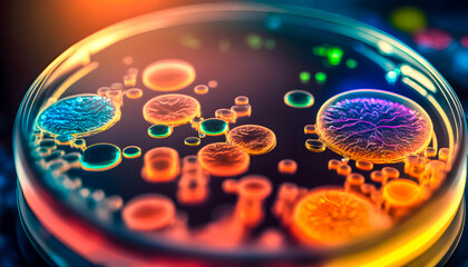 Petri dish with colony color bacteria and viruses of various shapes banner background. Concept of science and medicine. AI generation