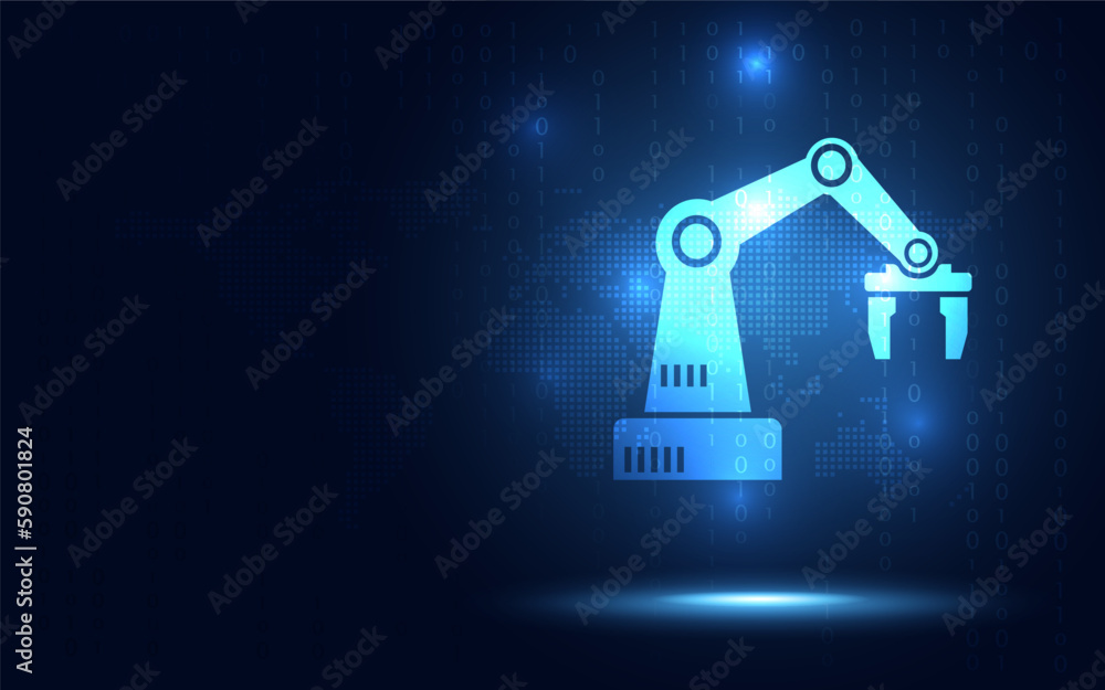 Aufkleber robot industrial icon on blue abstract digital binary code background. industry 4.0 technology and a