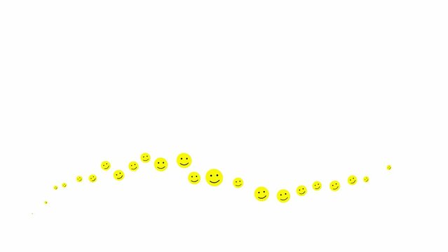 Animated symbols of smileys fly from left to right. A wave from yellow emoticons. Flat icons of smileys. Concept of mood. Looped video. Vector illustration isolated on white background.