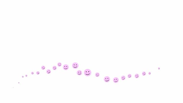 Animated symbols of smileys fly from left to right. A wave from pink emoticons. Flat icons of smileys. Concept of mood. Looped video. Vector illustration isolated on white background.