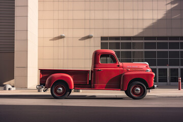 Red vintage truck parked in front of a corporate building, Generative AI