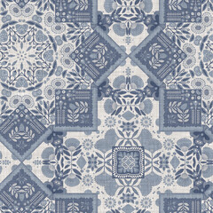 Farm house blue intricate country cottage seamless pattern. Tonal french damask style background. Simple rustic fabric textile for shabby chic patchwork. 