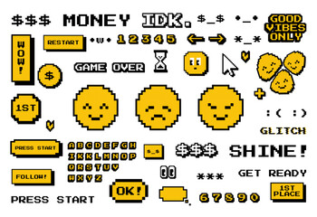 Pixel Arcade Icons, Shapes. Yellow Retro Game Y2K 90s Cursos, Smiley, Hourglass, Letters, Alphabet, Game Over, Pacman Icons. (Full Vector)