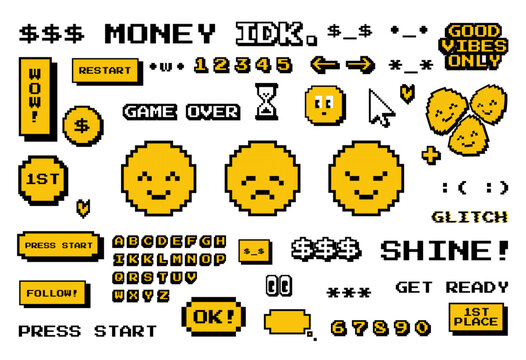Pixel Arcade Icons, Shapes. Yellow Retro Game Y2K 90s Cursos, Smiley, Hourglass, Letters, Alphabet, Game Over, Pacman Icons. (Full Vector)