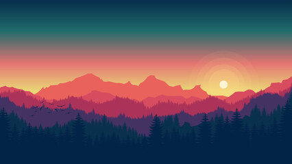 Sunset mountains landscape background, colorful gradation sky, flat mountain background