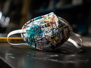 Product shot of a surgical mask decorated with Graffiti made with Generative Ai