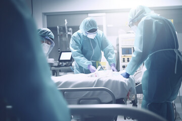 Obraz premium Emergency Medical Team Assisting Patient Transfers on Stretchers in ER
