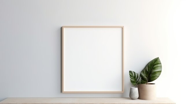 Blank picture frame mockup on white wall. Generative AI