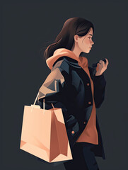 A person holding a shopping bag or carrying a box of purchased items, flat illustration