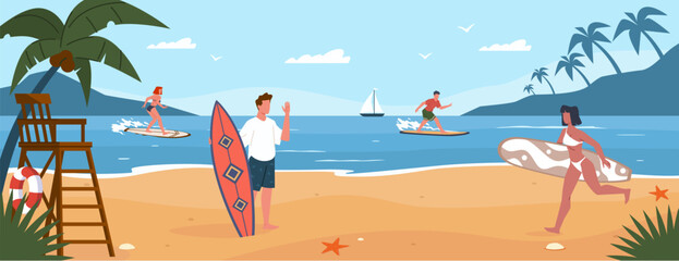 Happy surfers on beach. Extreme ocean sport, waiting for tide and waves, people on seashore with boards, summer activity, men and women on resort doing water activities nowaday vector concept