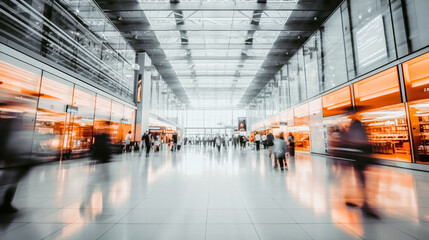 Modern business center with blurry movements of people. Fashionable glass light hall with walking business people, abstract image. Generative AI. High quality illustration