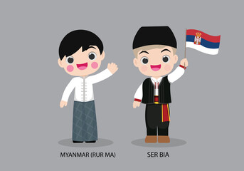 Serbia peopel in national dress. Set of Myanmar man dressed in national clothes. Vector flat illustration.